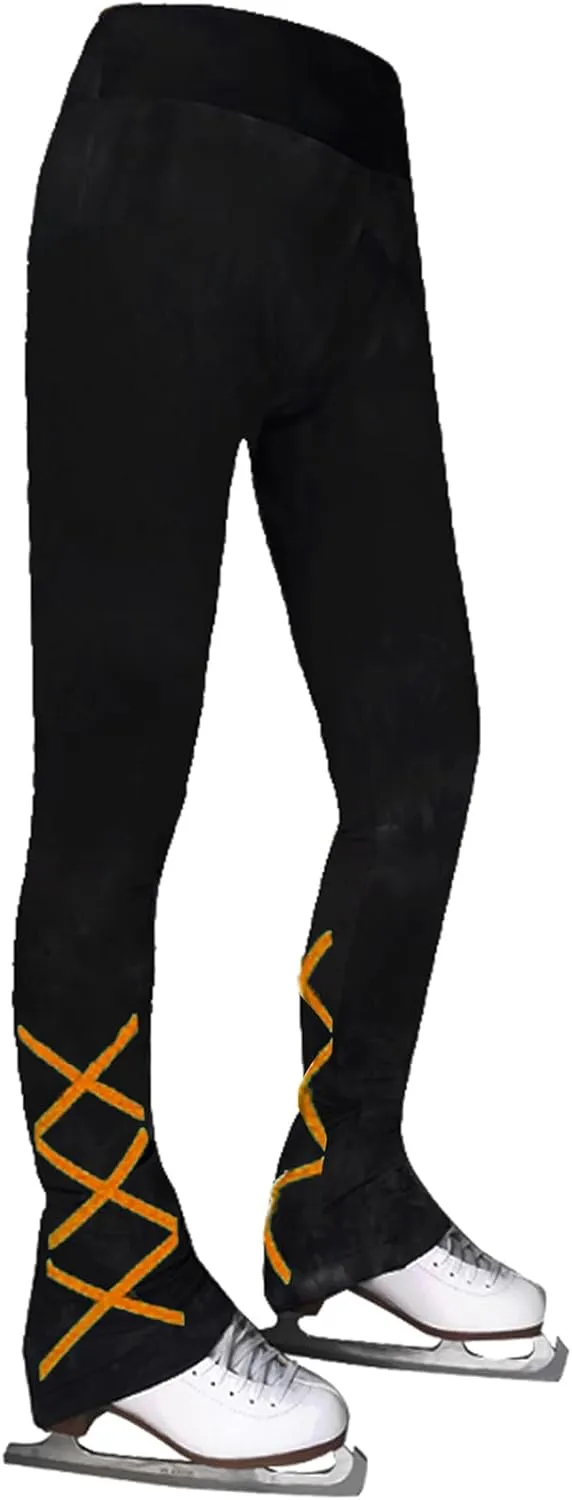 Ice Skating Pants Girls Women's Figure Skating Trousers Black Cross Straps Fleece Skating Leggings Children