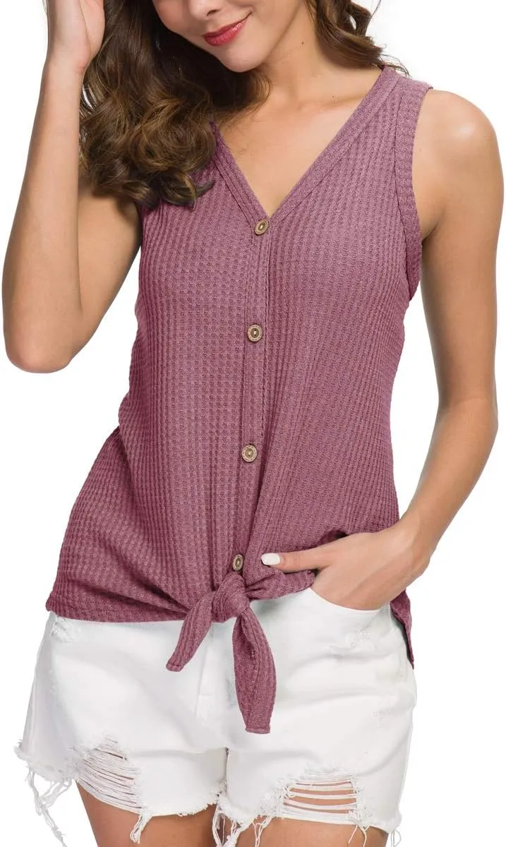 IWOLLENCE Womens Loose Henley Blouse Sleeveless Button Down T Shirts Tie Front Knot Tops