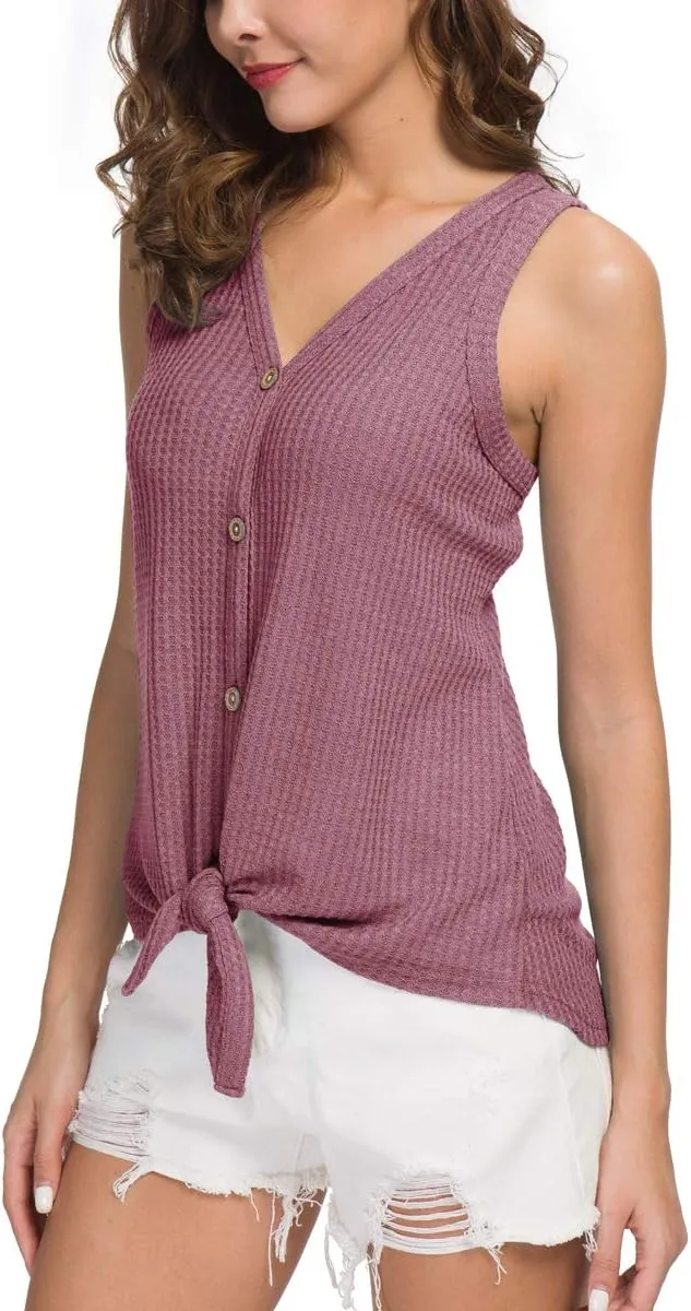 IWOLLENCE Womens Loose Henley Blouse Sleeveless Button Down T Shirts Tie Front Knot Tops