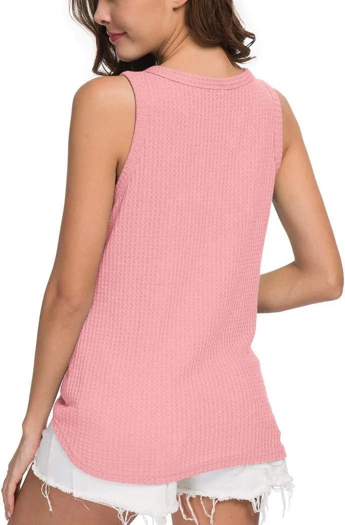 IWOLLENCE Womens Loose Henley Blouse Sleeveless Button Down T Shirts Tie Front Knot Tops