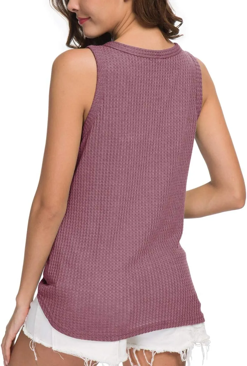 IWOLLENCE Womens Loose Henley Blouse Sleeveless Button Down T Shirts Tie Front Knot Tops