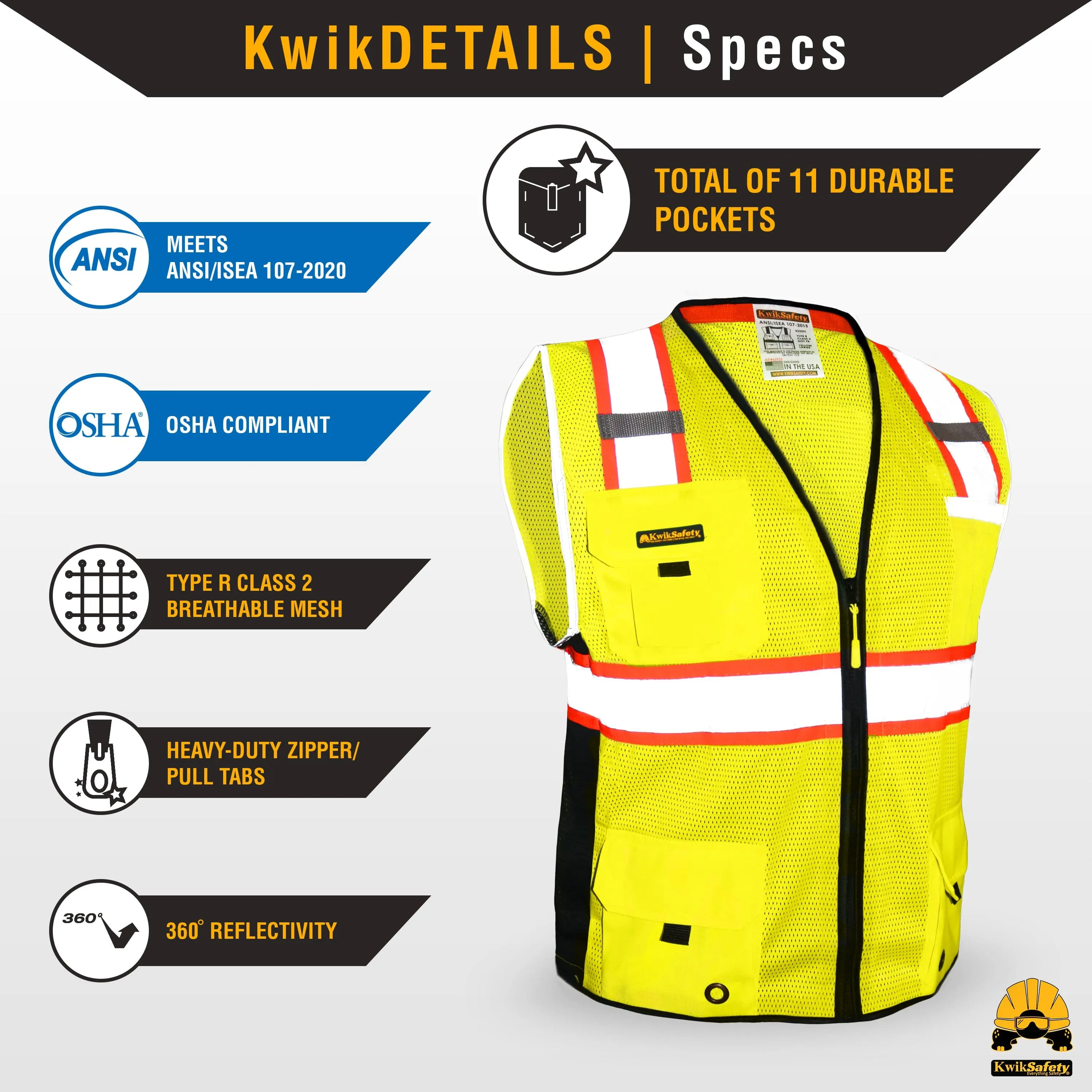 KwikSafety BIG KAHUNA Safety Vest (11 Pockets) Class 2 ANSI Tested OSHA Compliant Hi Vis Reflective PPE Surveyor - Model No.: KS3301