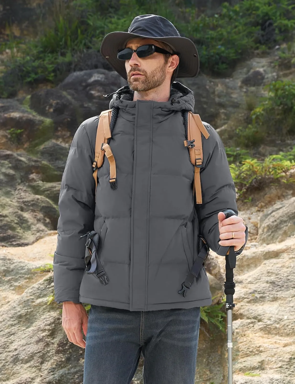 MAGCOMSEN Mens Hooded Down Jacket Water Resistant Puffer Jacket Full Zip Up Windproof Winter Jacket with Zip Pockets