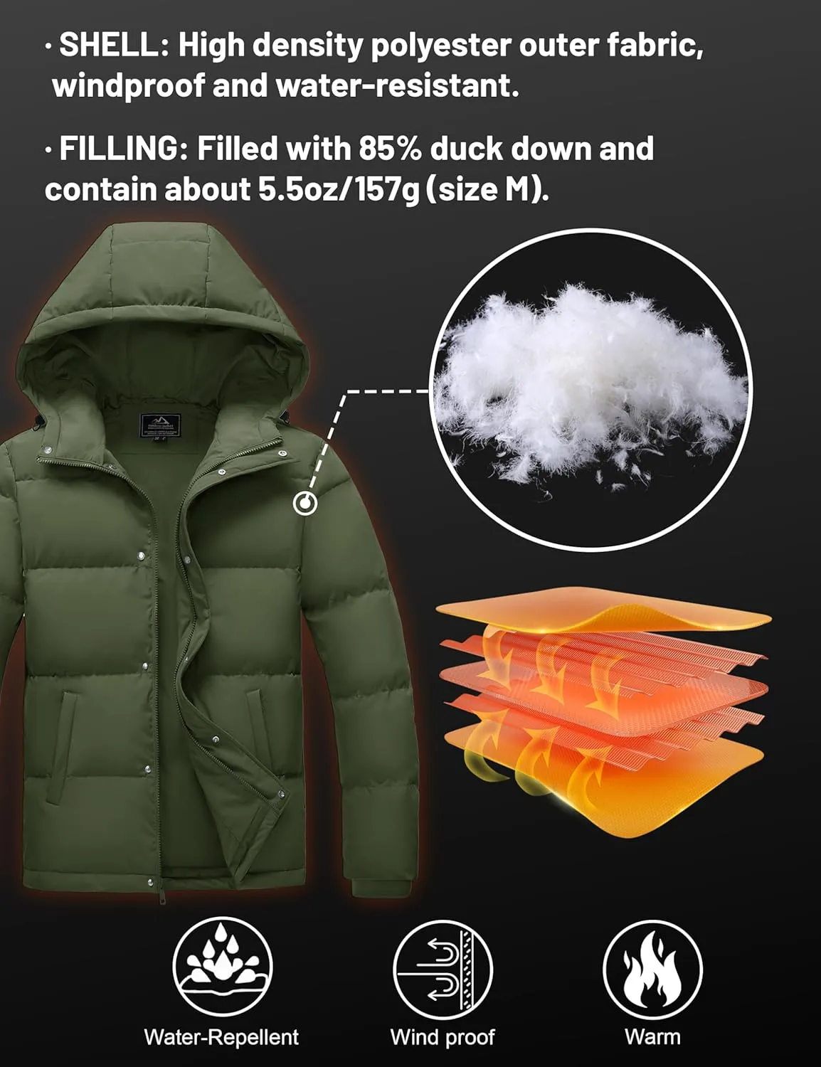 MAGCOMSEN Mens Hooded Down Jacket Water Resistant Puffer Jacket Full Zip Up Windproof Winter Jacket with Zip Pockets