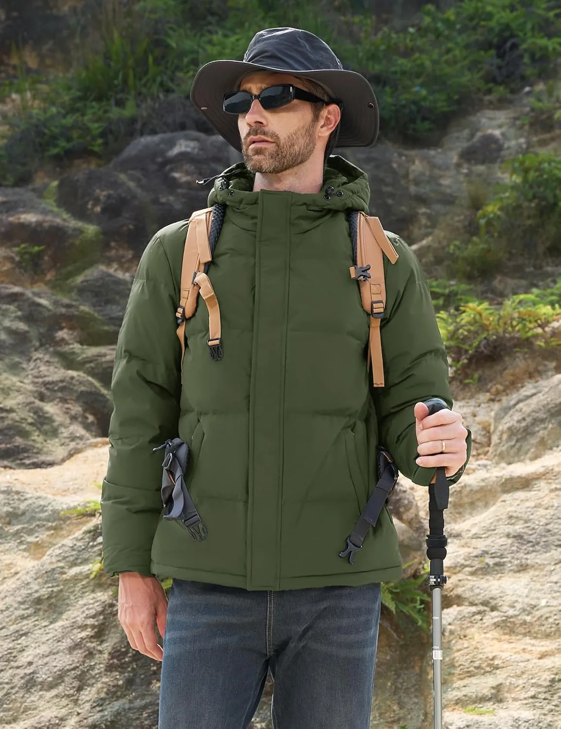 MAGCOMSEN Mens Hooded Down Jacket Water Resistant Puffer Jacket Full Zip Up Windproof Winter Jacket with Zip Pockets