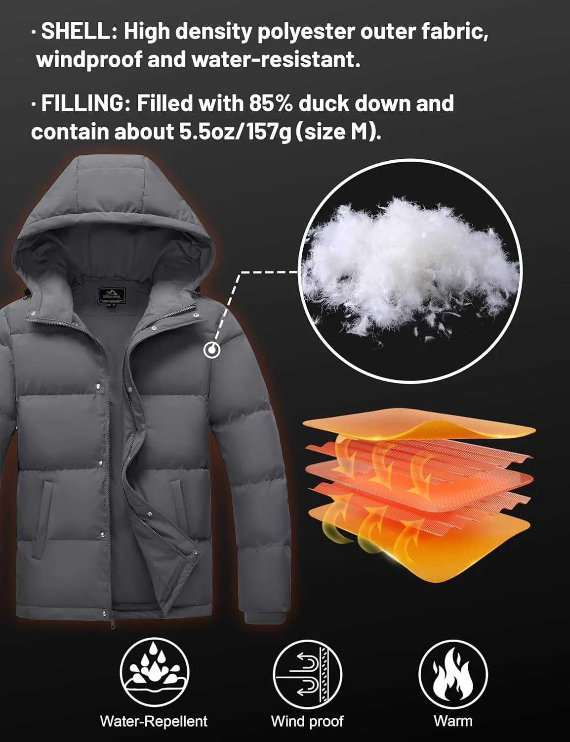 MAGCOMSEN Mens Hooded Down Jacket Water Resistant Puffer Jacket Full Zip Up Windproof Winter Jacket with Zip Pockets