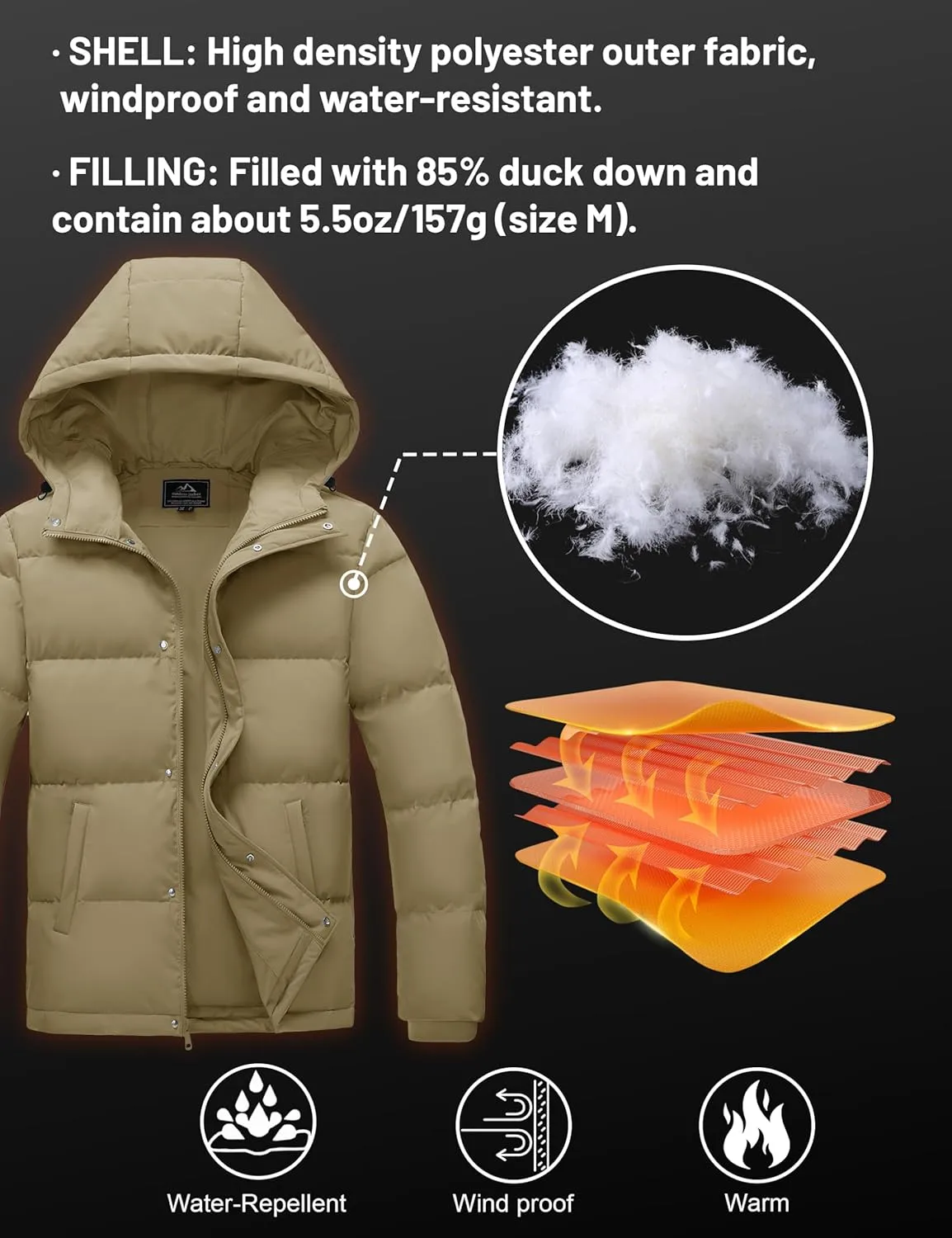 MAGCOMSEN Mens Hooded Down Jacket Water Resistant Puffer Jacket Full Zip Up Windproof Winter Jacket with Zip Pockets