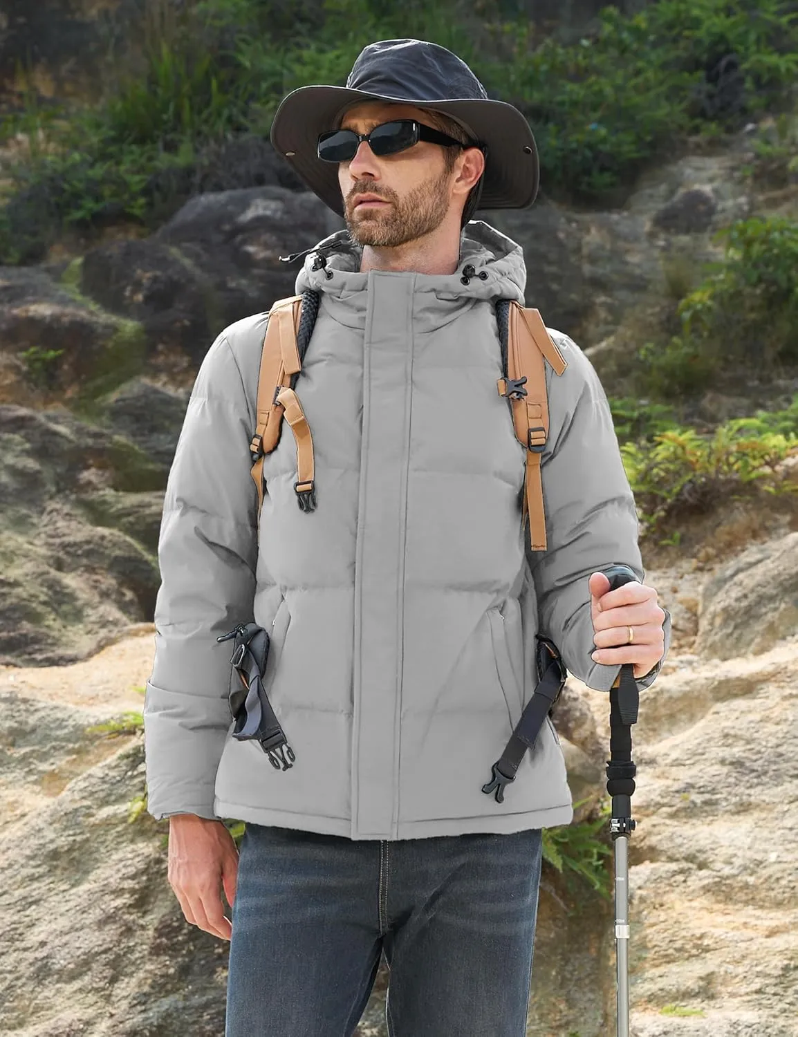 MAGCOMSEN Mens Hooded Down Jacket Water Resistant Puffer Jacket Full Zip Up Windproof Winter Jacket with Zip Pockets