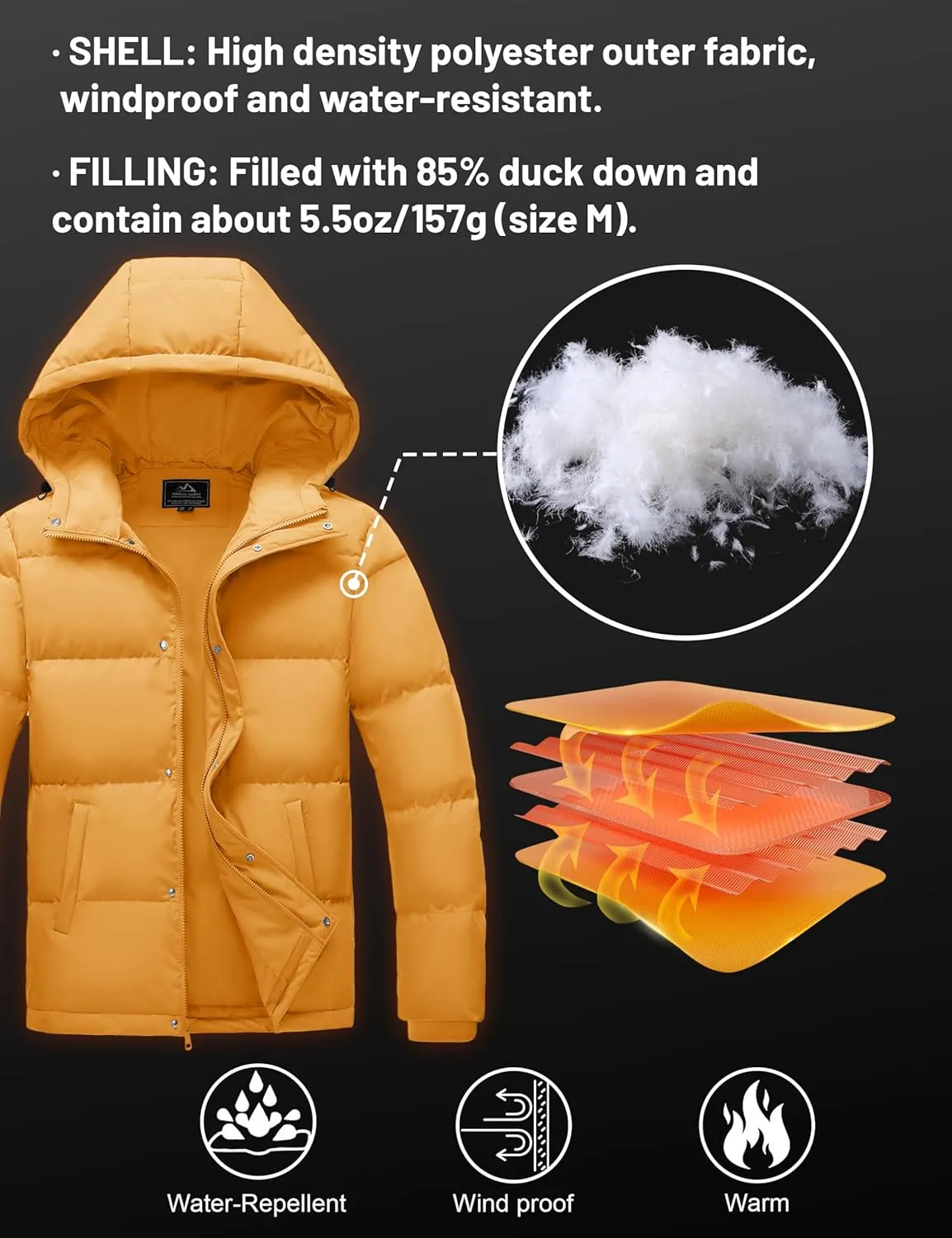 MAGCOMSEN Mens Hooded Down Jacket Water Resistant Puffer Jacket Full Zip Up Windproof Winter Jacket with Zip Pockets