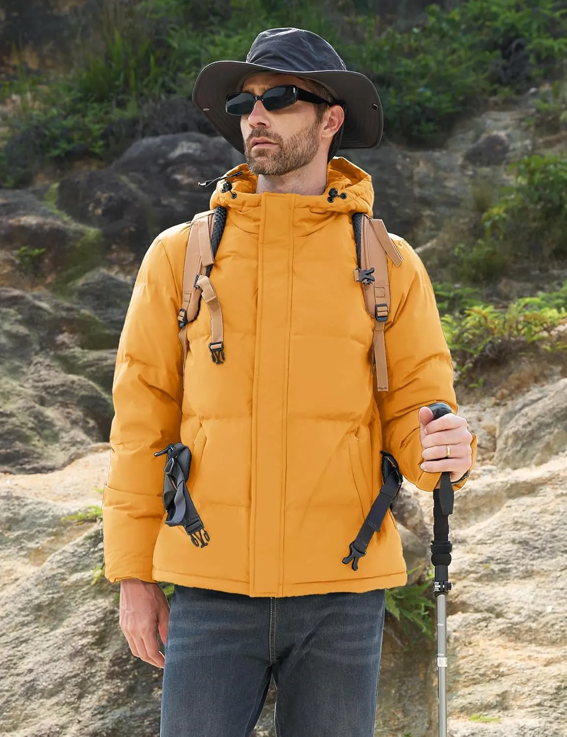MAGCOMSEN Mens Hooded Down Jacket Water Resistant Puffer Jacket Full Zip Up Windproof Winter Jacket with Zip Pockets