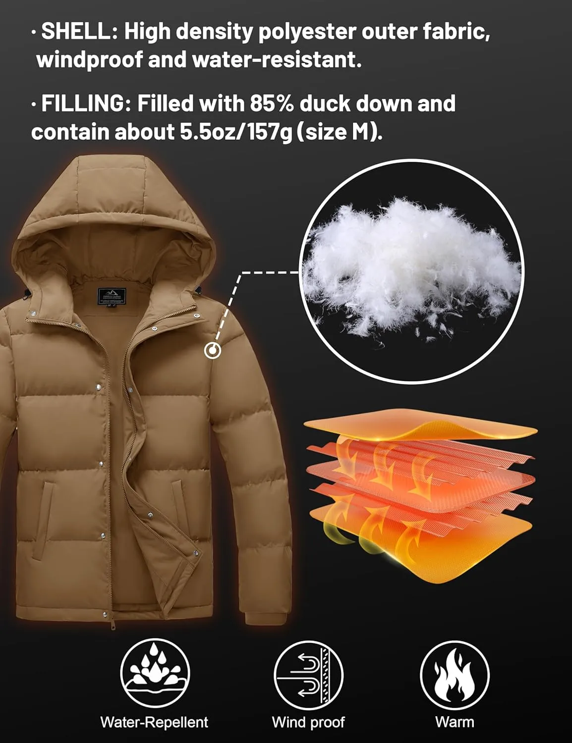 MAGCOMSEN Mens Hooded Down Jacket Water Resistant Puffer Jacket Full Zip Up Windproof Winter Jacket with Zip Pockets