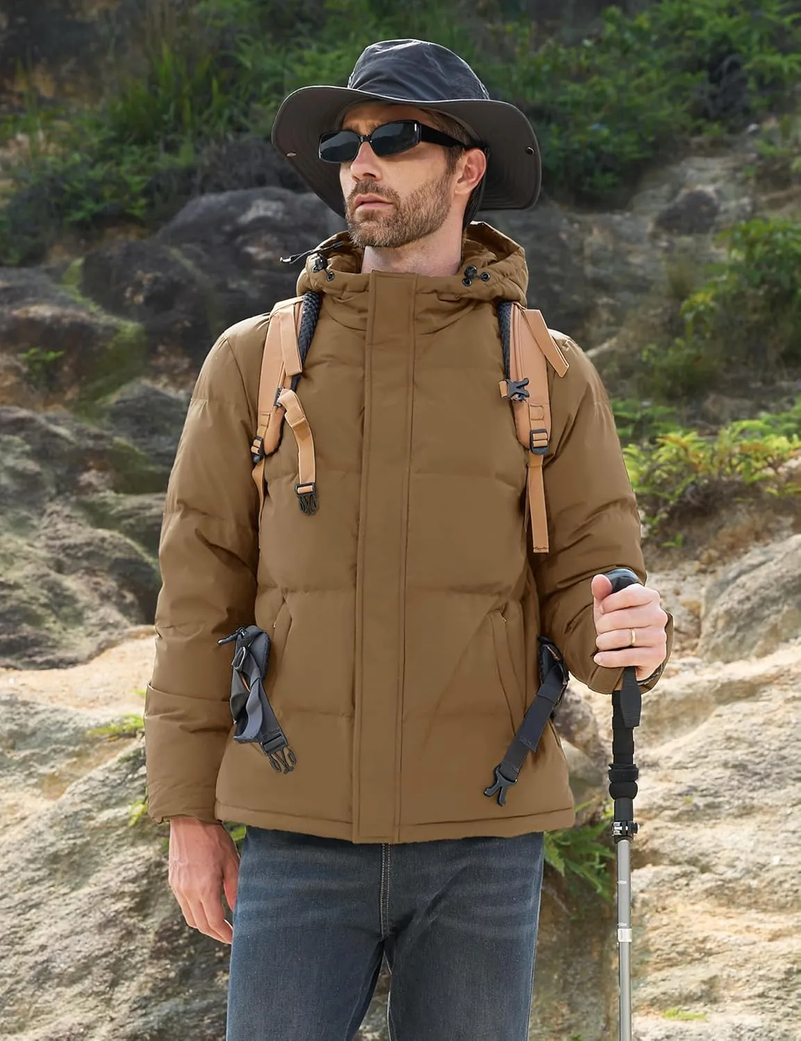 MAGCOMSEN Mens Hooded Down Jacket Water Resistant Puffer Jacket Full Zip Up Windproof Winter Jacket with Zip Pockets