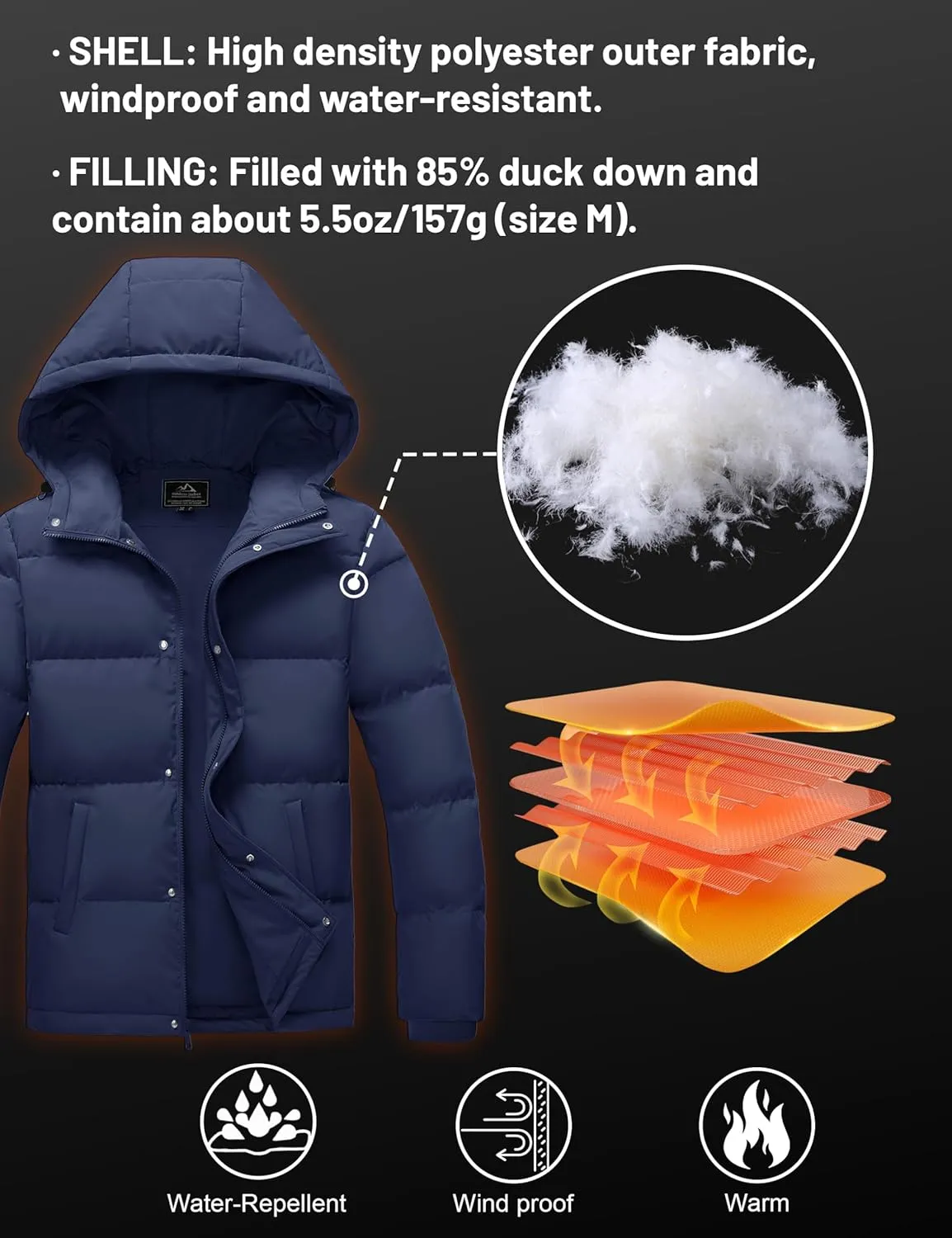 MAGCOMSEN Mens Hooded Down Jacket Water Resistant Puffer Jacket Full Zip Up Windproof Winter Jacket with Zip Pockets