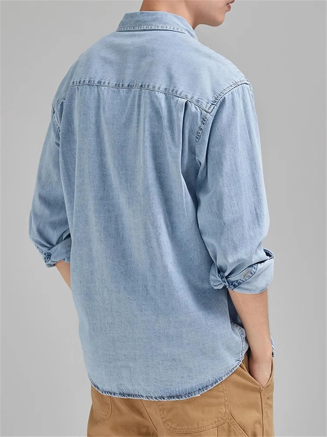Men's Classic Pockets Denim Shirt Soft Cotton Casual Long Sleeve Cowboy Top Loose Blue Jeans Jacket
