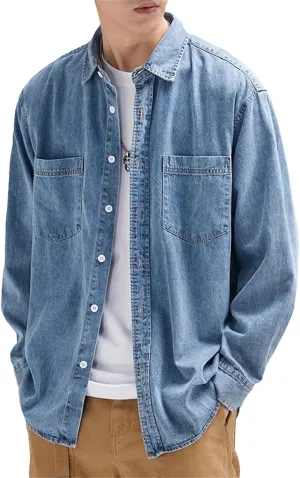Men's Classic Pockets Denim Shirt Soft Cotton Casual Long Sleeve Cowboy Top Loose Blue Jeans Jacket