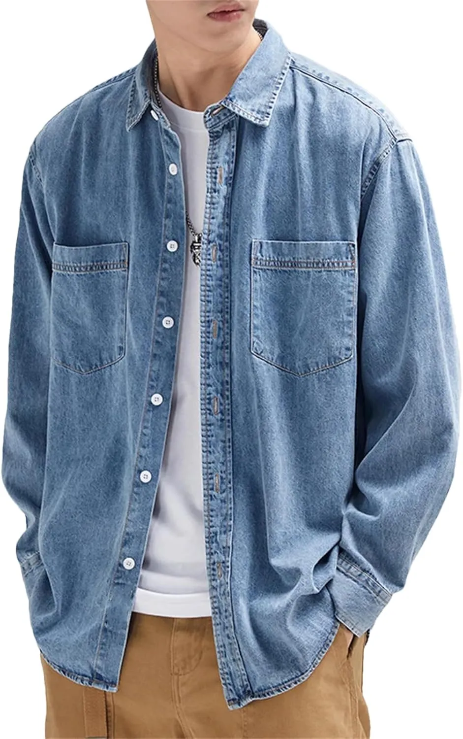 Men's Classic Pockets Denim Shirt Soft Cotton Casual Long Sleeve Cowboy Top Loose Blue Jeans Jacket