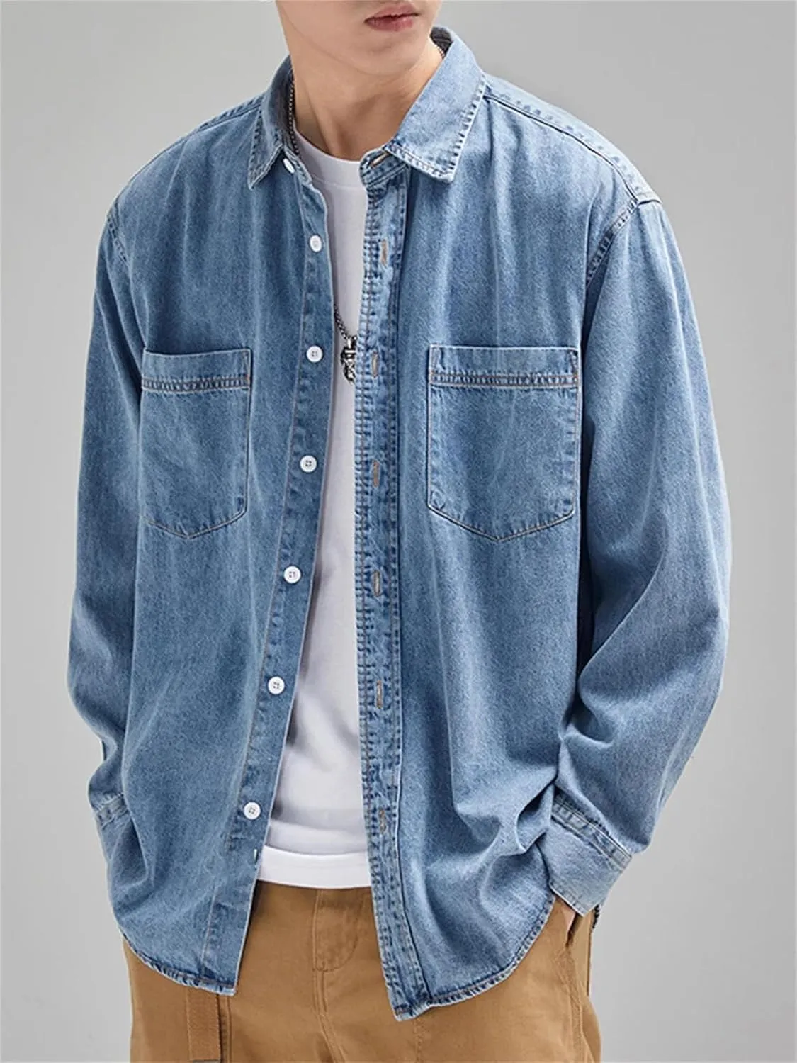 Men's Classic Pockets Denim Shirt Soft Cotton Casual Long Sleeve Cowboy Top Loose Blue Jeans Jacket