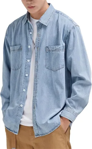Men's Classic Pockets Denim Shirt Soft Cotton Casual Long Sleeve Cowboy Top Loose Blue Jeans Jacket