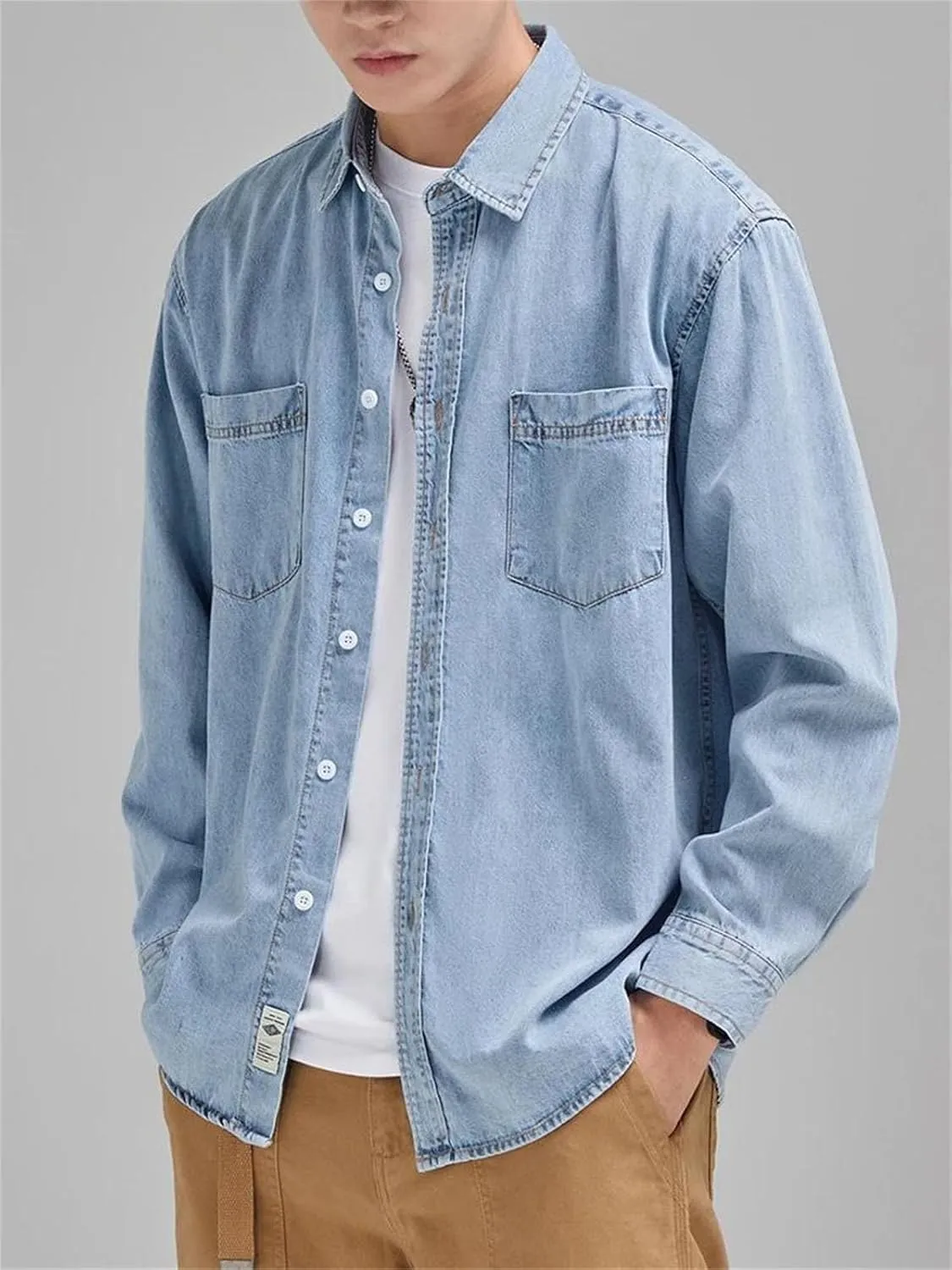 Men's Classic Pockets Denim Shirt Soft Cotton Casual Long Sleeve Cowboy Top Loose Blue Jeans Jacket