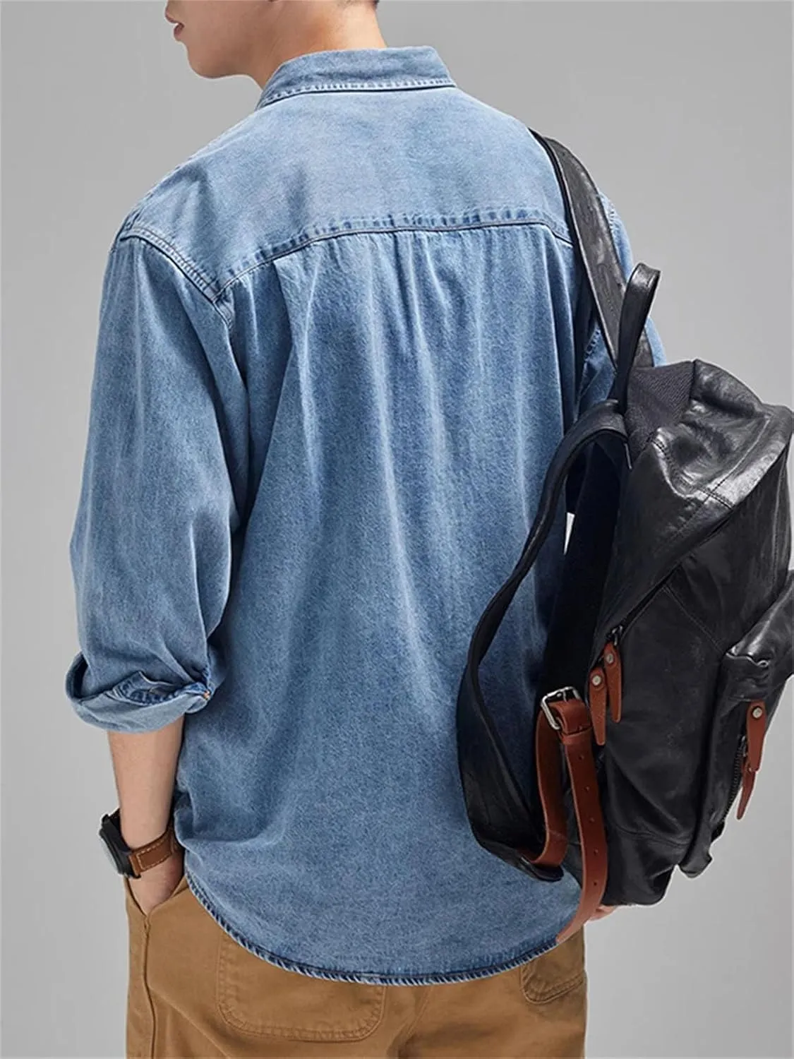 Men's Classic Pockets Denim Shirt Soft Cotton Casual Long Sleeve Cowboy Top Loose Blue Jeans Jacket
