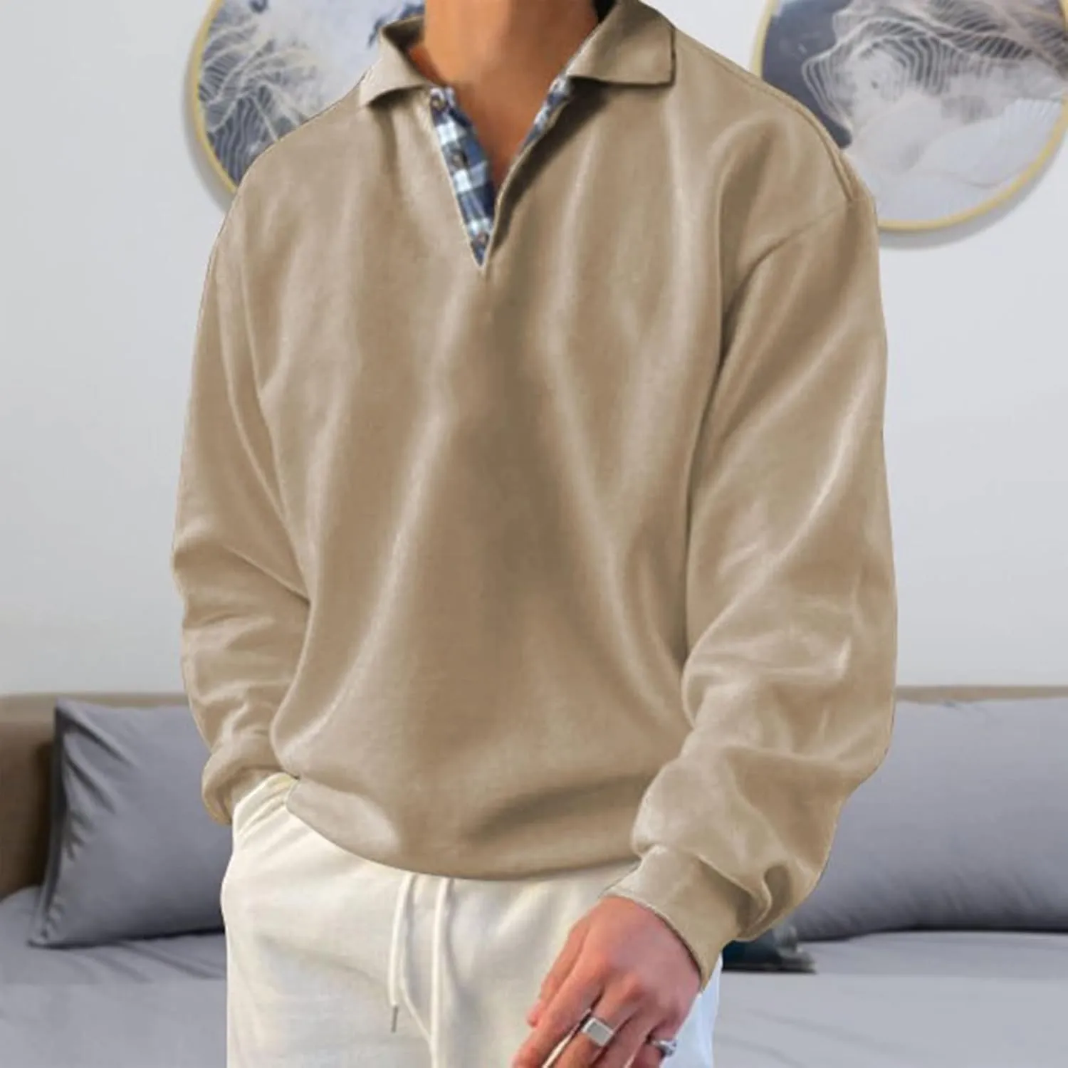 Mens Classic Polo Shirt Long Sleeve Pullover Gentleman Ocean Sweatshirts Lightweight Casual Tops