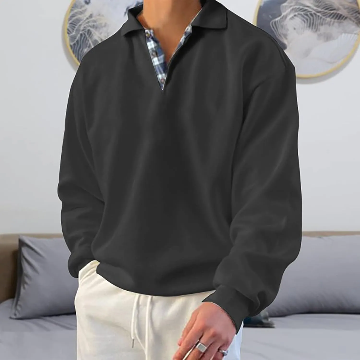 Mens Classic Polo Shirt Long Sleeve Pullover Gentleman Ocean Sweatshirts Lightweight Casual Tops