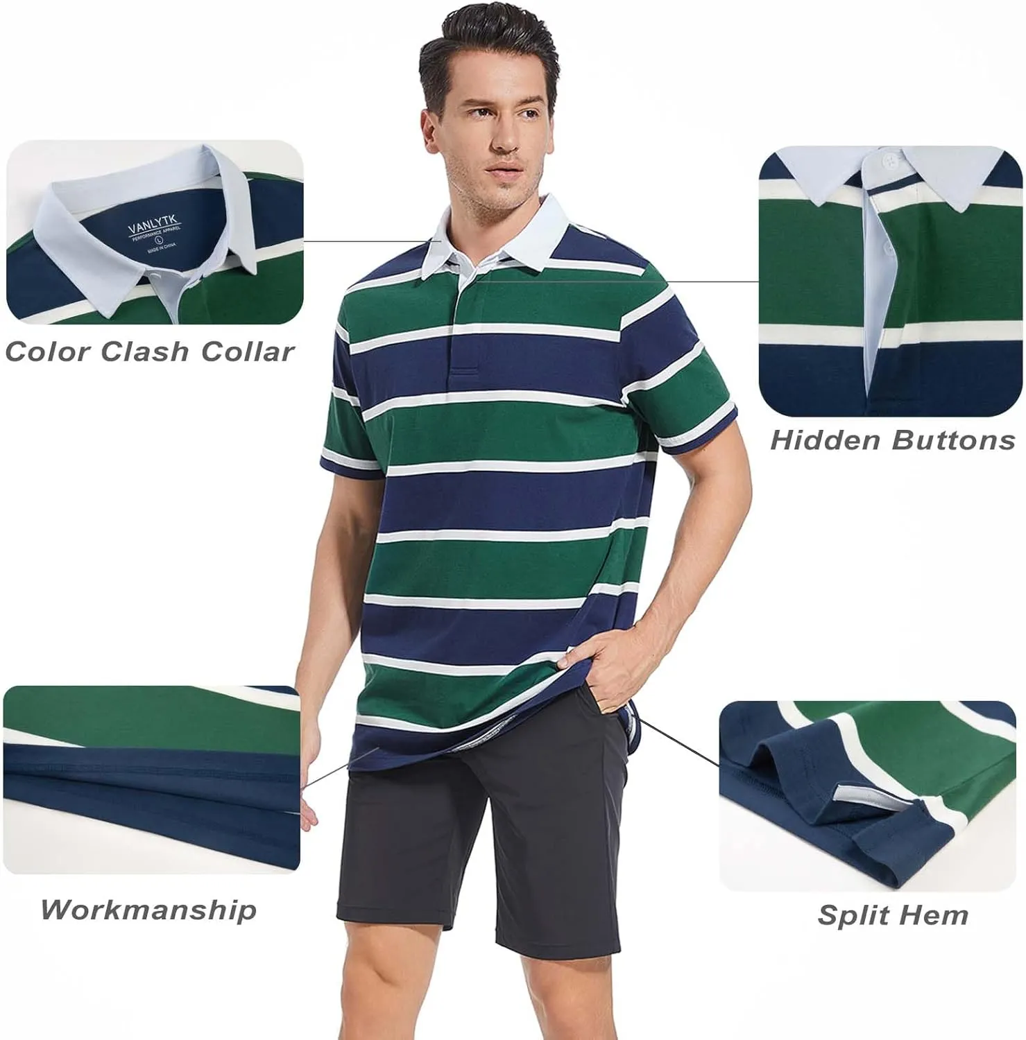 Mens Polo Shirts Striped Cotton Moisture Wicking Classic Collared Casual Golf Shirts for Men