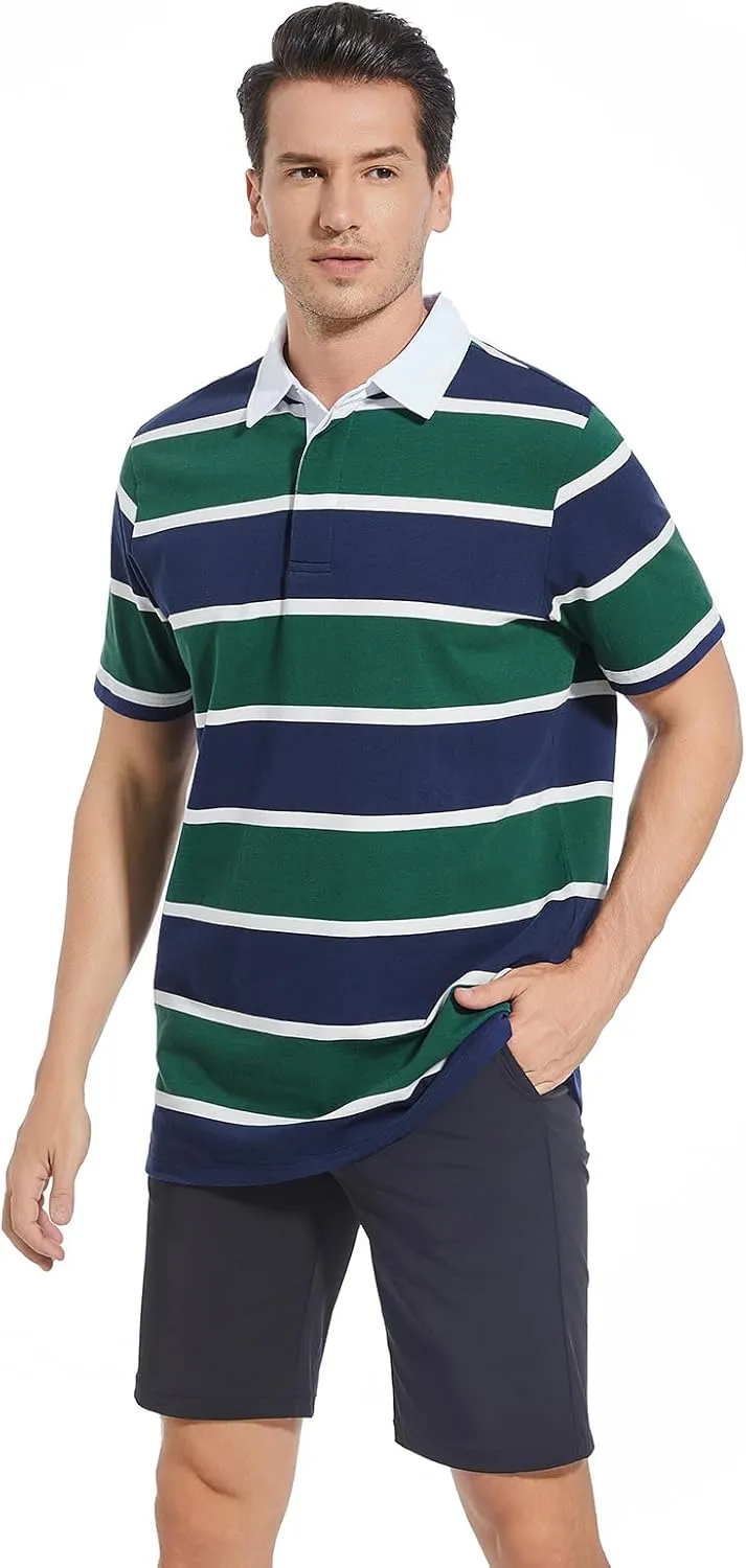 Mens Polo Shirts Striped Cotton Moisture Wicking Classic Collared Casual Golf Shirts for Men