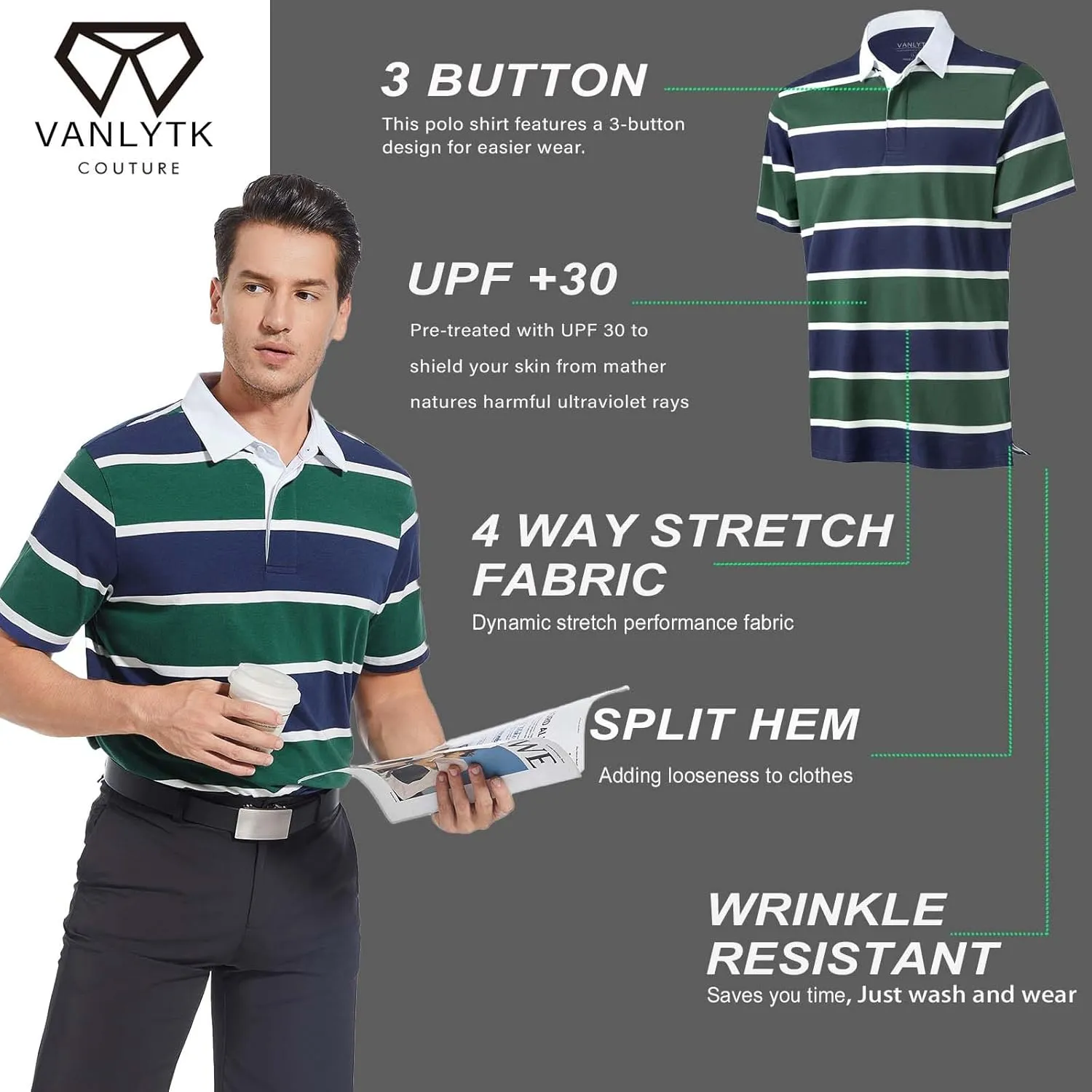 Mens Polo Shirts Striped Cotton Moisture Wicking Classic Collared Casual Golf Shirts for Men