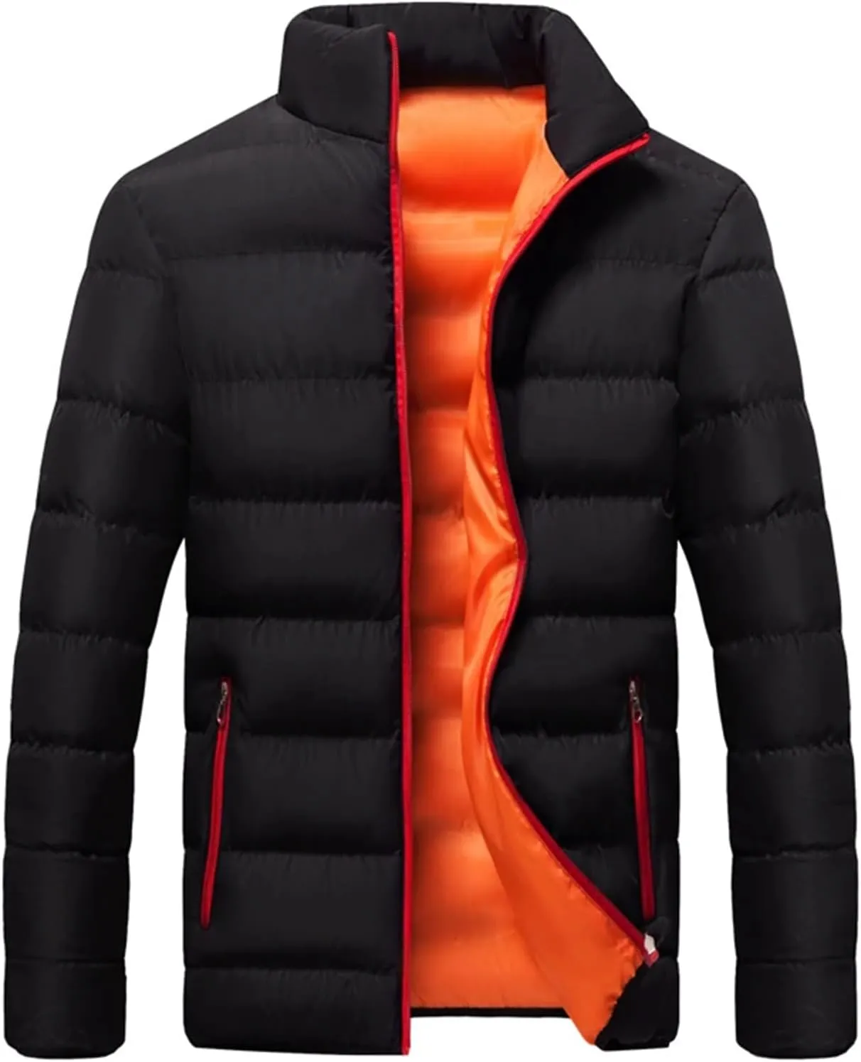 Mens Solid Stand Collar Light Cotton-Padded Casual Zipper Long Sleeve Warm Parka Coat