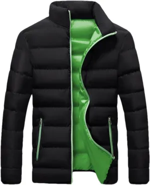 Mens Solid Stand Collar Light Cotton-Padded Casual Zipper Long Sleeve Warm Parka Coat