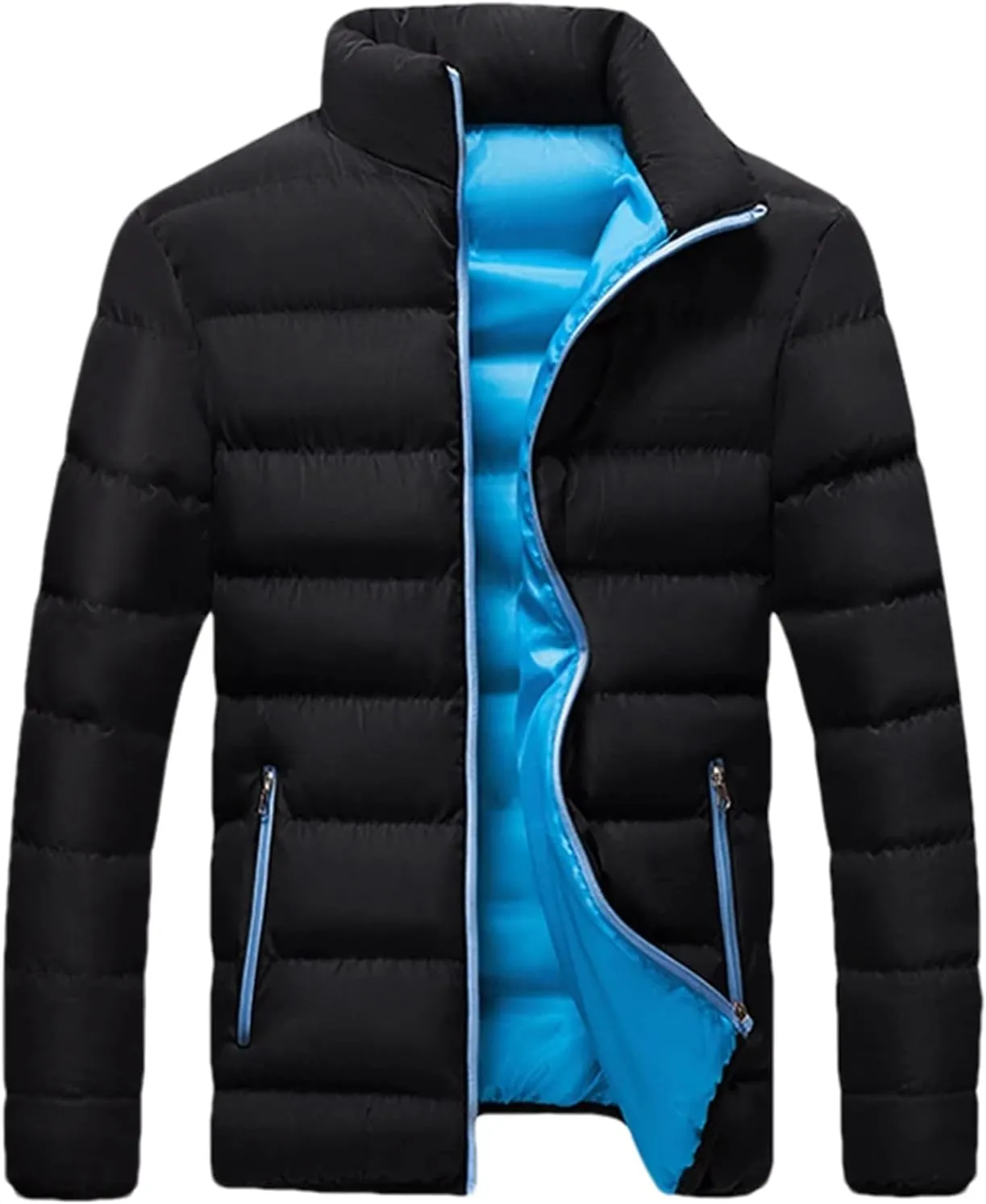 Mens Solid Stand Collar Light Cotton-Padded Casual Zipper Long Sleeve Warm Parka Coat