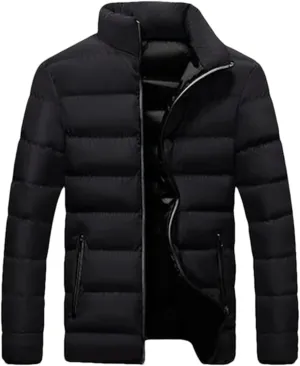 Mens Solid Stand Collar Light Cotton-Padded Casual Zipper Long Sleeve Warm Parka Coat