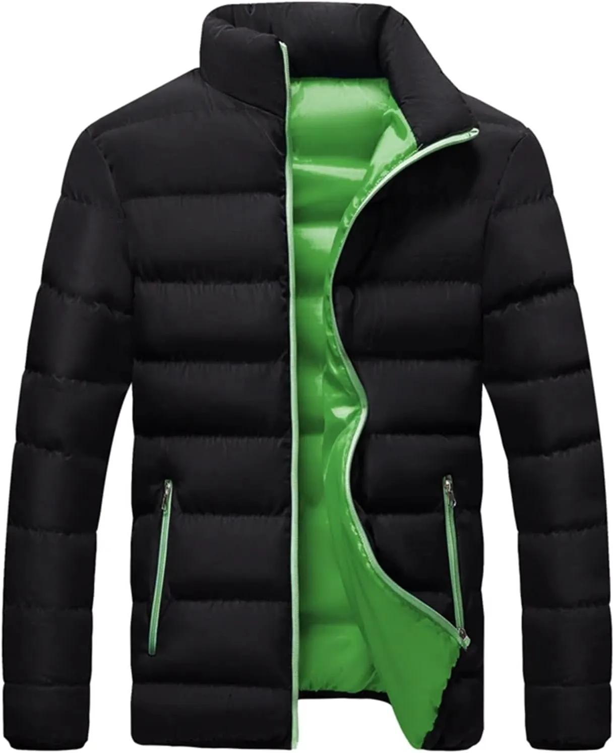 Mens Solid Stand Collar Light Cotton-Padded Casual Zipper Long Sleeve Warm Parka Coat