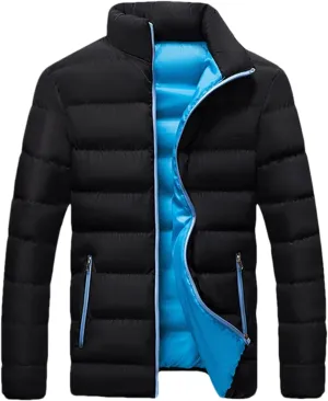 Mens Solid Stand Collar Light Cotton-Padded Casual Zipper Long Sleeve Warm Parka Coat