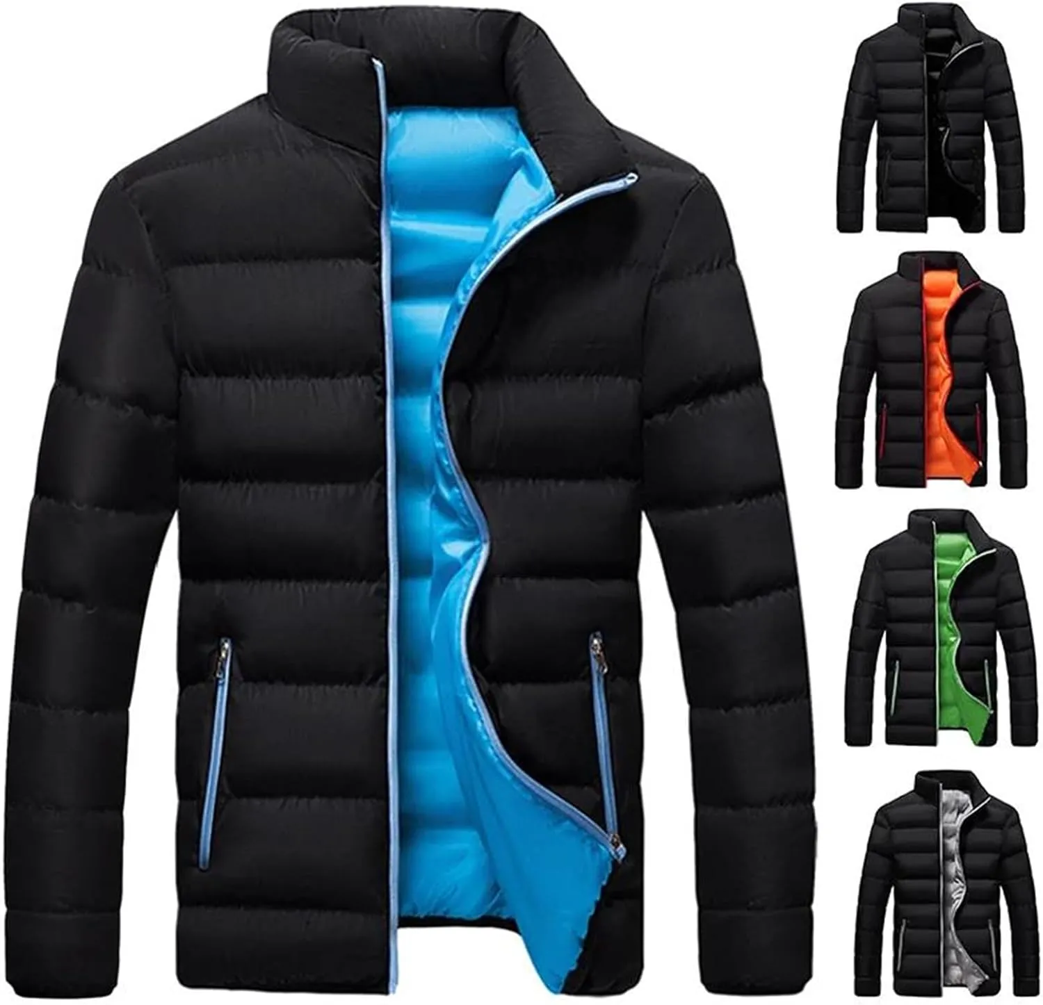 Mens Solid Stand Collar Light Cotton-Padded Casual Zipper Long Sleeve Warm Parka Coat