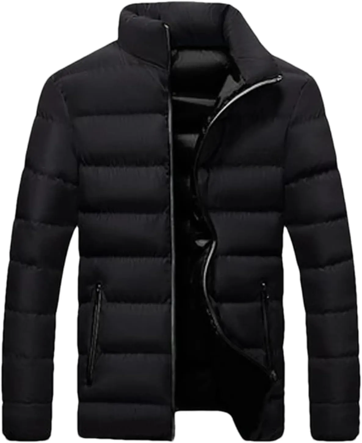 Mens Solid Stand Collar Light Cotton-Padded Casual Zipper Long Sleeve Warm Parka Coat