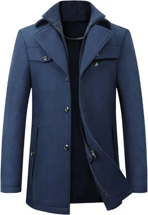 Mens Trench Coat Notched Lapel Collar Single Breasted Mid Long Length Pea Coat Casual Business Work Classic Overcoat