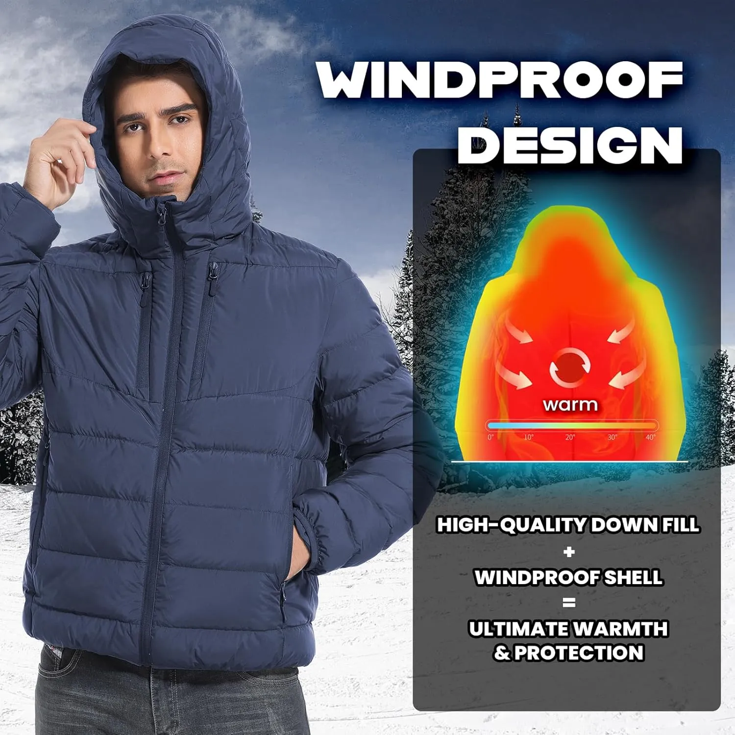 Men's Ultra Lightweiht Packable Down Jacket Hood Water-Resistant Full Zip Pockets Puffer Jackets