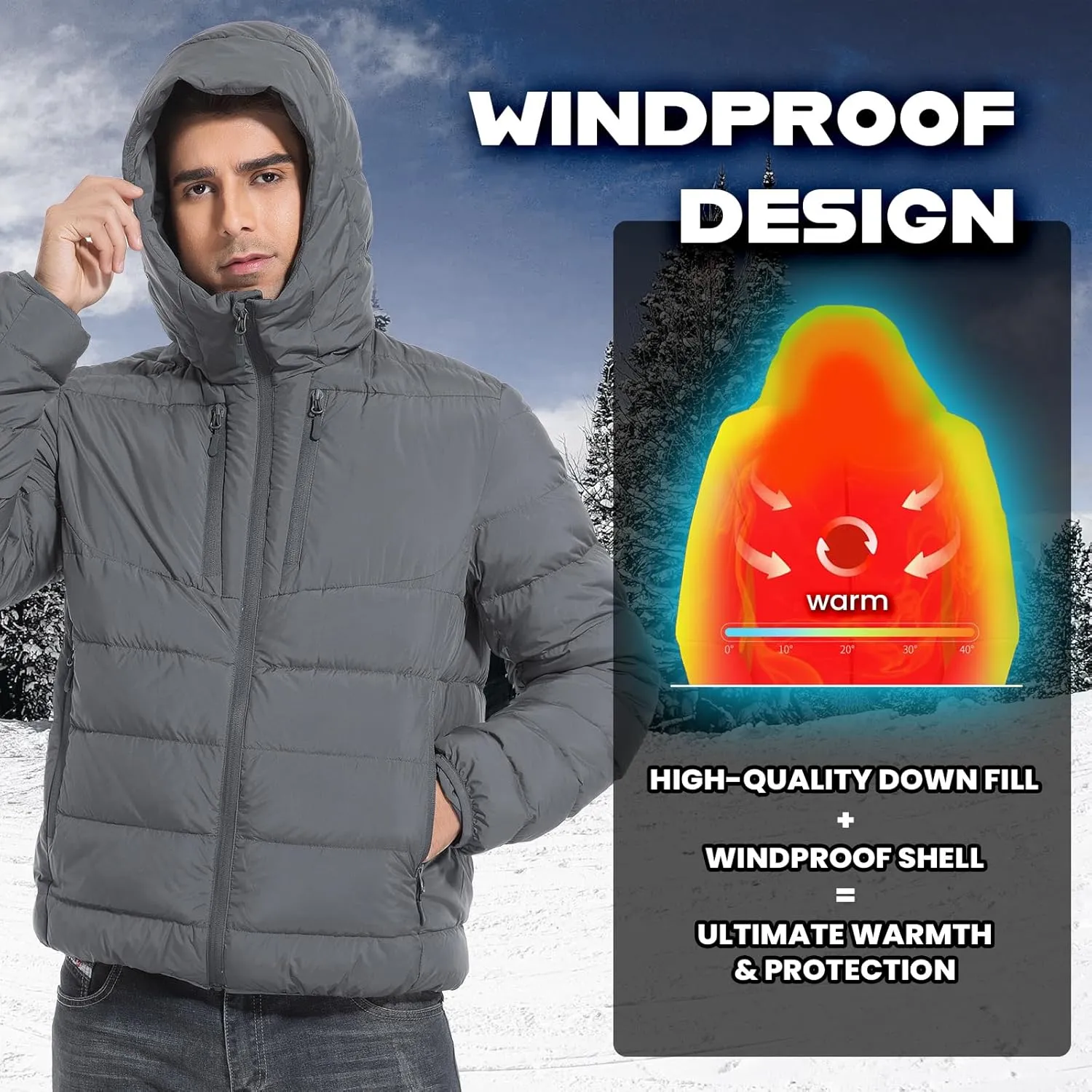 Men's Ultra Lightweiht Packable Down Jacket Hood Water-Resistant Full Zip Pockets Puffer Jackets