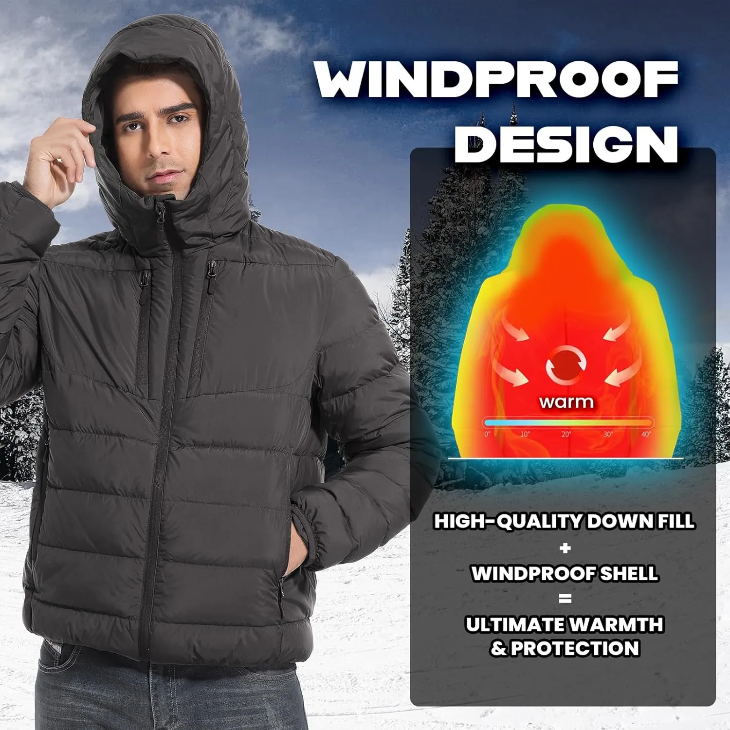 Men's Ultra Lightweiht Packable Down Jacket Hood Water-Resistant Full Zip Pockets Puffer Jackets