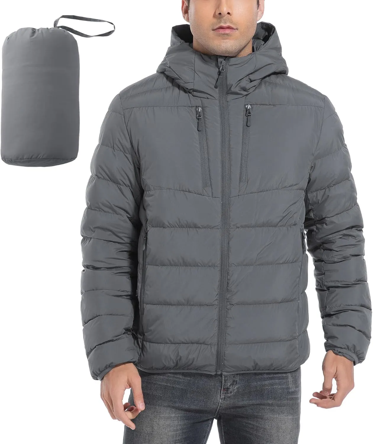 Men's Ultra Lightweiht Packable Down Jacket Hood Water-Resistant Full Zip Pockets Puffer Jackets