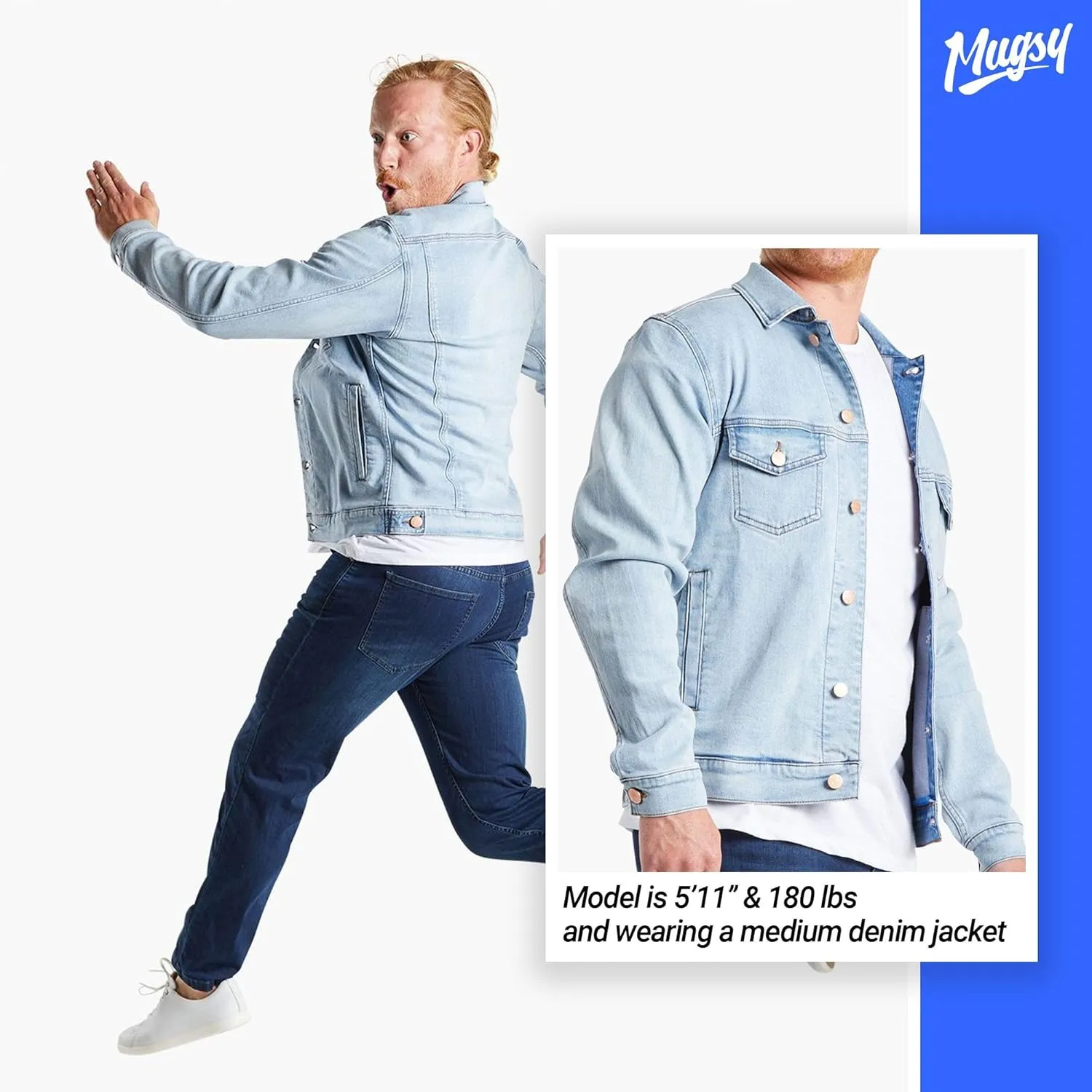 Mugsy Mens Denim Jacket, Classic Fit, Stretch Denim Jacket for Men, Comfortable, Flexible Outerwear, True to Size