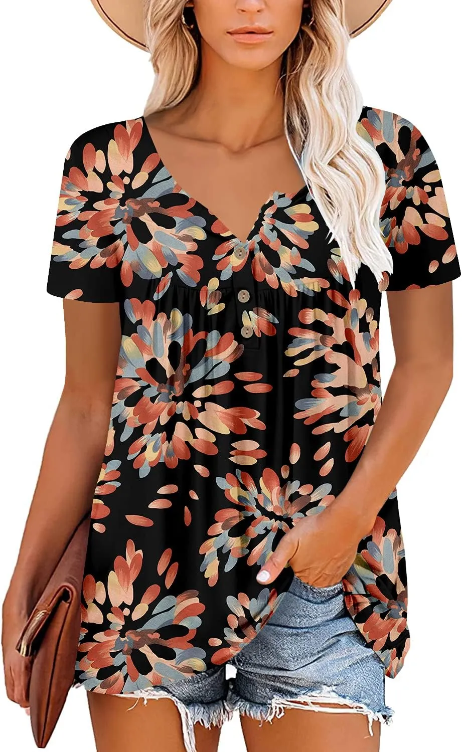 Mystry Zone Womens Henley V Neck Casual Blouse Button Down T Shirts Flare and Flowy Tops