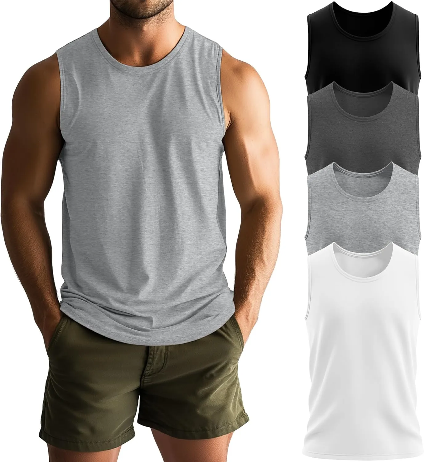 Neer 4 Pack Men's Big & Tall Tank Tops, Sleeveless Cotton Crew Neck T Shirts Casual Classic Shirts Muscle Quick Dry Tees