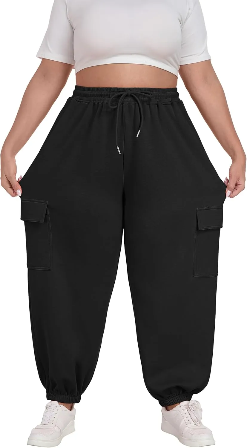 OLRIK Plus Size Pants 2025 Trendy Cargo Sweatpants Adjustable Drawstring Joggers Loose Fit Lounge Trousers with Pockets