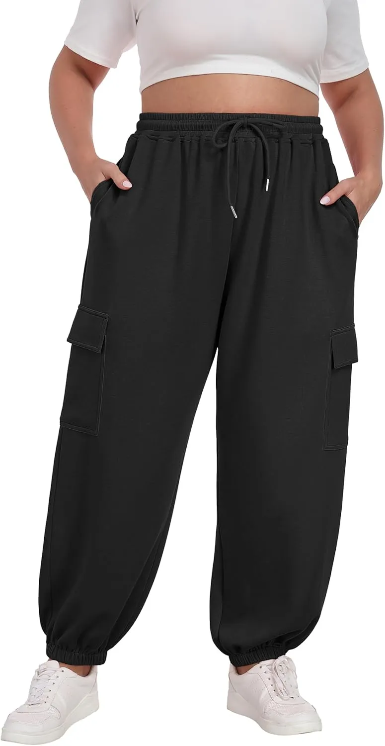 OLRIK Plus Size Pants 2025 Trendy Cargo Sweatpants Adjustable Drawstring Joggers Loose Fit Lounge Trousers with Pockets