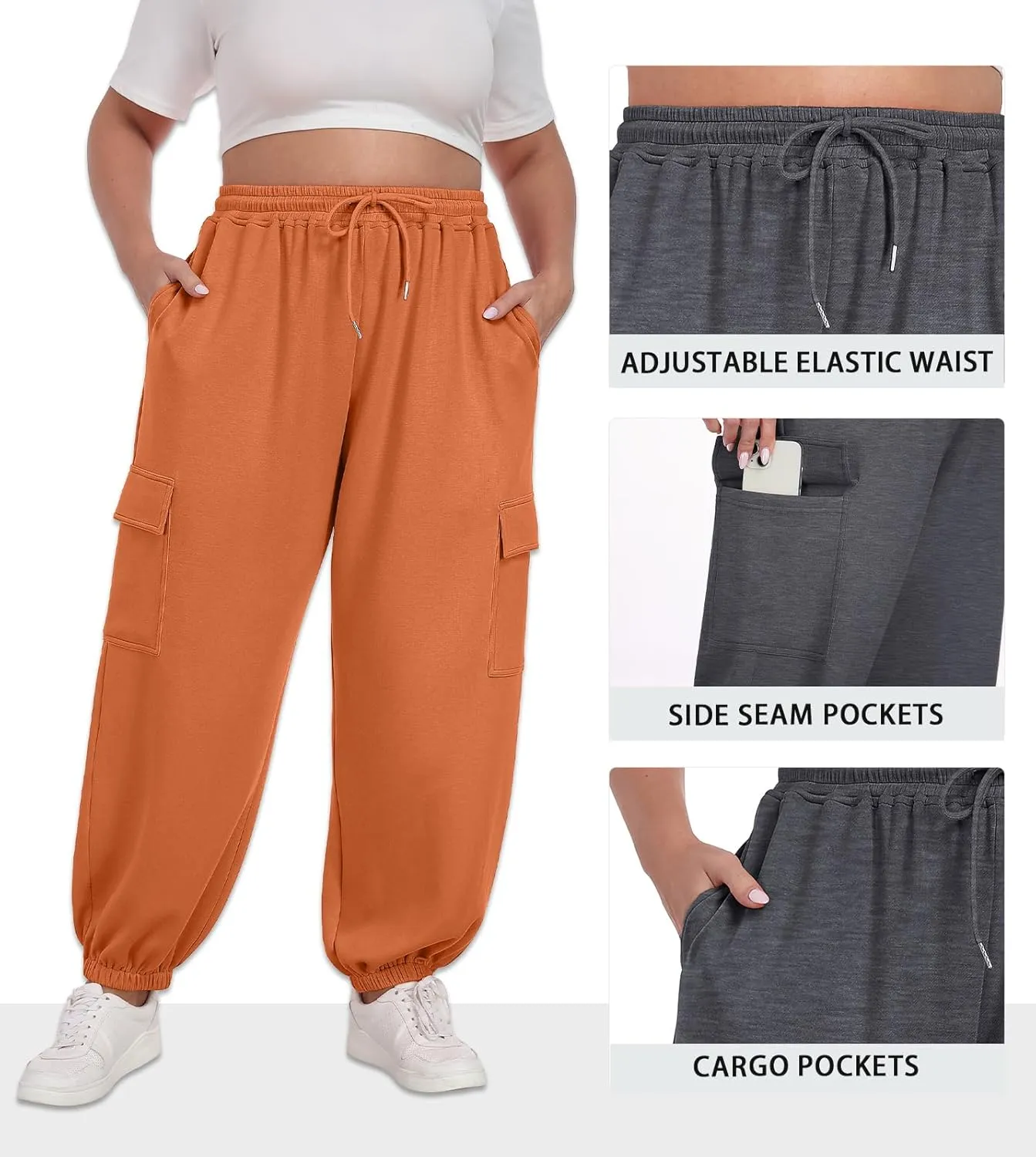 OLRIK Plus Size Pants 2025 Trendy Cargo Sweatpants Adjustable Drawstring Joggers Loose Fit Lounge Trousers with Pockets