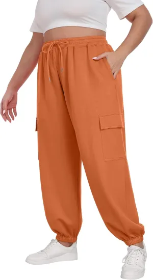 OLRIK Plus Size Pants 2025 Trendy Cargo Sweatpants Adjustable Drawstring Joggers Loose Fit Lounge Trousers with Pockets