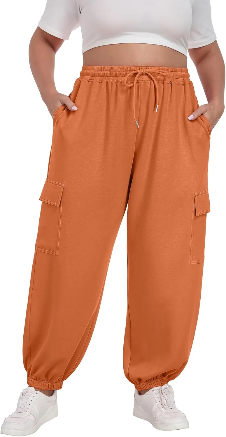OLRIK Plus Size Pants 2025 Trendy Cargo Sweatpants Adjustable Drawstring Joggers Loose Fit Lounge Trousers with Pockets